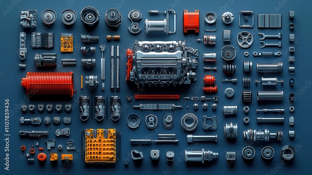 Poster car parts technical drawing automobile car machine engine 3d vector car service elements isolated on