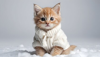 Obraz premium attentive kitten in a warm winter sweater on snow for winter-themed merchandise or content creation