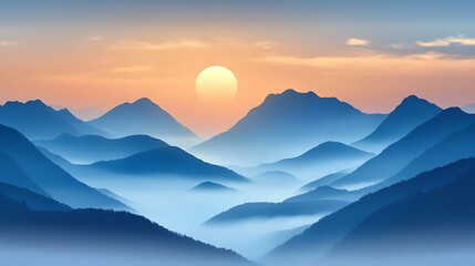 Fototapeta premium Misty mountains bathed in soft sunlight with gentle clouds drifting across the sky
