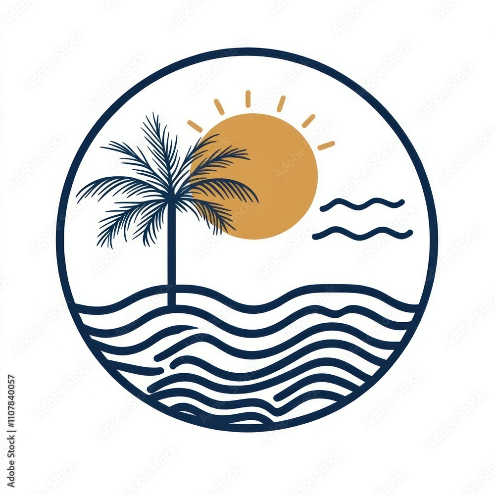 Poster here's a description and keywords for your image.. minimalist tropical beach sunset scene in a circl
