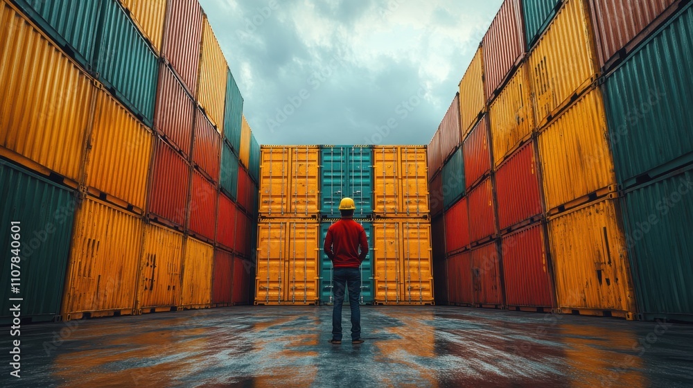 Poster cargo container and deliveryman freight and export 3d rendering