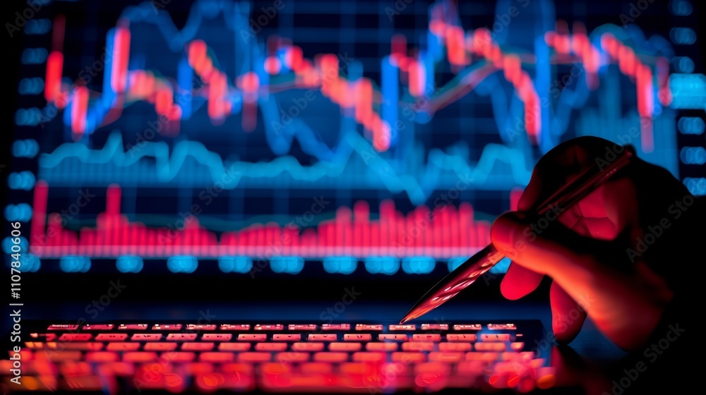 Poster analysis of stock market trends with digital charts and data visualization present in a trading envi