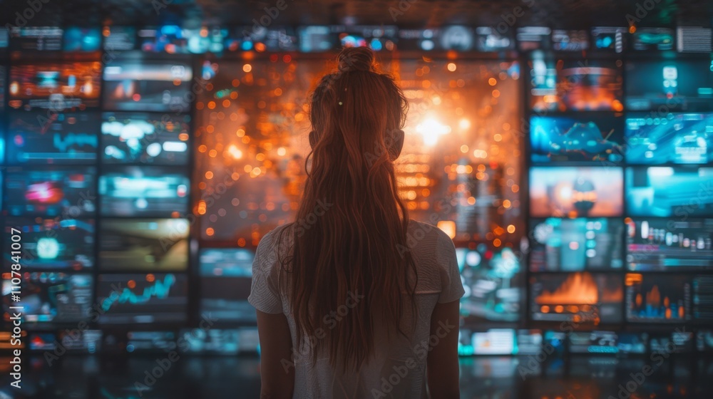 Poster individual analyzes data trends in a high-tech environment filled with vibrant screens displaying in