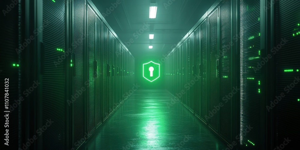 Poster illuminated corridor showcasing advanced technology security measures in a high-tech data center at 