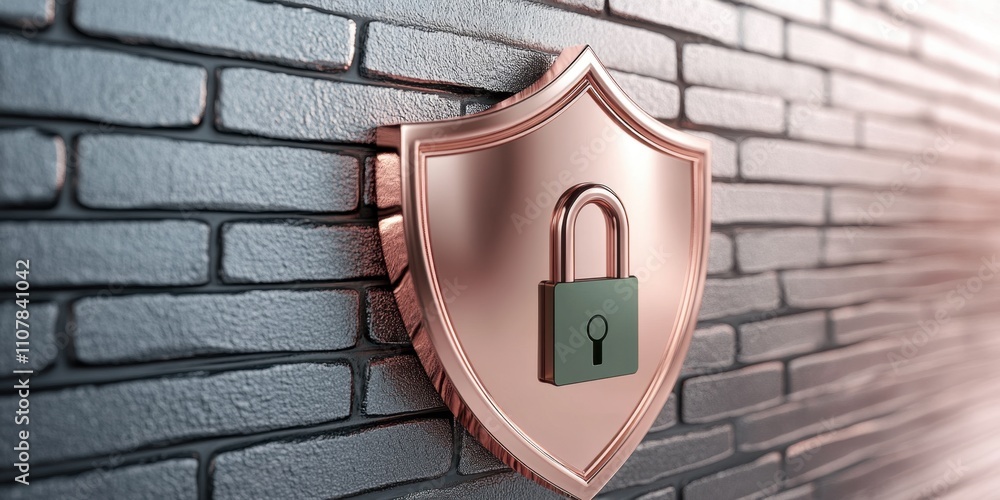 Poster secure shield with a padlock mounted on a textured brick wall in a modern setting highlighting prote