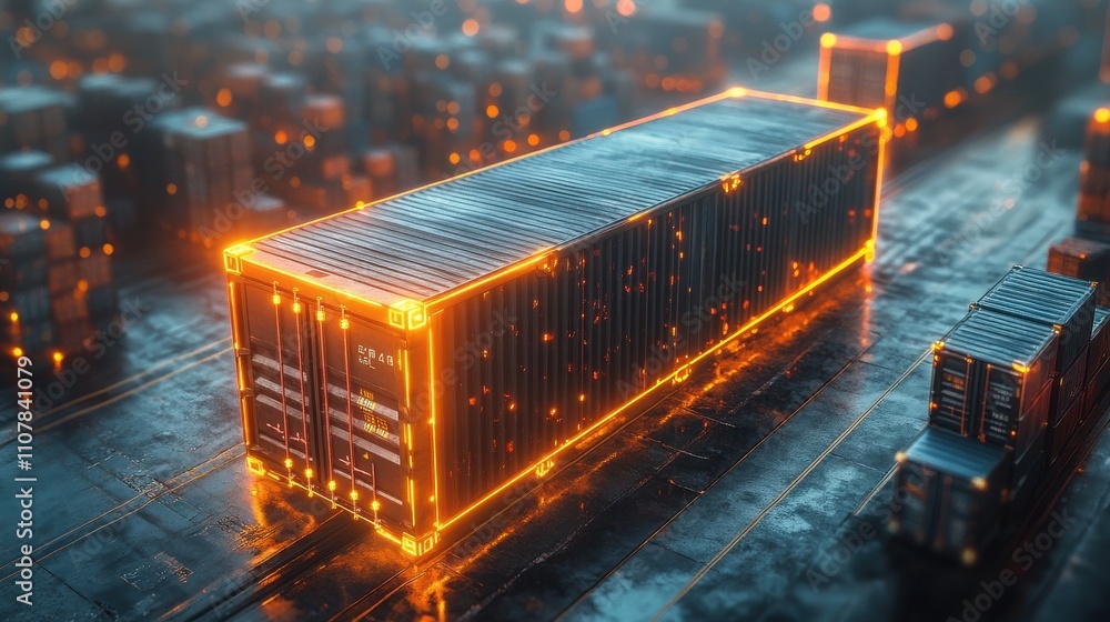 Poster cargo container with holographic style freight and export 3d rendering