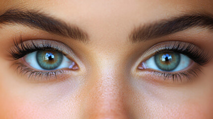 Obraz premium Close up of woman face highlighting her striking green eyes, featuring well defined eyebrows and long eyelashes, conveying sense of beauty and allure