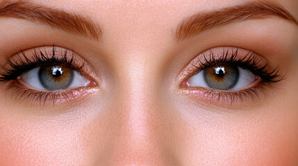 Obraz premium Close up of beautiful eyes with long eyelashes and natural makeup, showcasing stunning blue green irises and well defined brows, evoking sense of allure and elegance