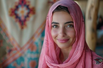 Young woman wearing pink scarf in vibrant setting with traditional textiles and warm atmosphere