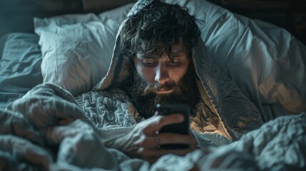 Obraz premium Man in bed using smartphone while wrapped in blankets during nighttime in a cozy room