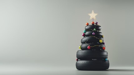 Creative use of old tires as a Christmas tree with colorful decorations and a star on top