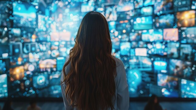Engaged observer explores a vivid digital display of multiple screens showcasing diverse content in a tech environment