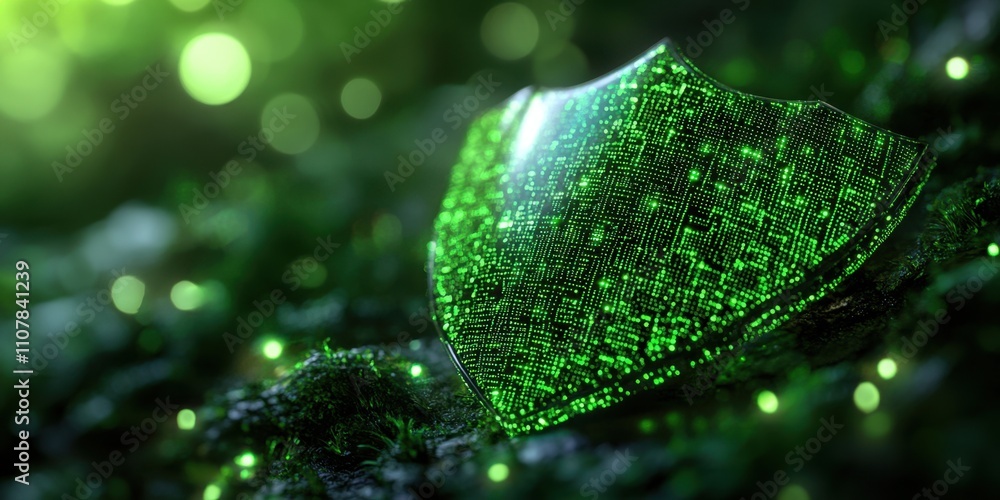 Poster futuristic shield illuminated by glowing digital patterns amidst a vibrant forest environment during