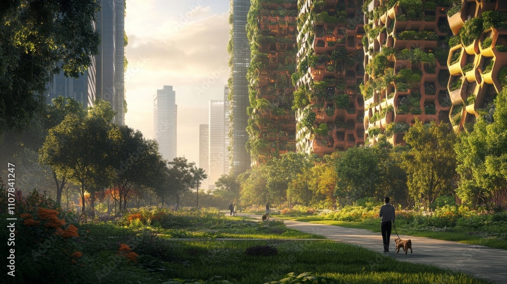 Poster a person walks a dog along a pathway in a vibrant urban area featuring towering buildings adorned wi