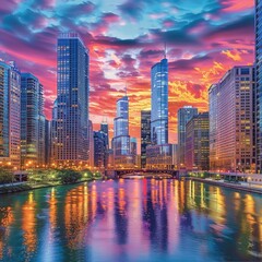 Fototapeta premium A vibrant sunset over a city skyline reflecting on a river, showcasing urban beauty.