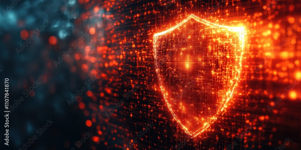 Poster digital shield illuminated amidst vibrant data streams illustrating cybersecurity in a futuristic la