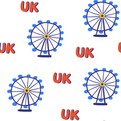 Cute England, English, Great Britain, United Kingdom seamless pattern. Funny hand drawn doodle repeatable pattern with Ferris wheel, sightseeing. British theme background