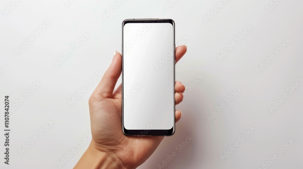 Poster hand holding a smartphone with blank screen against a white background for digital display and desig