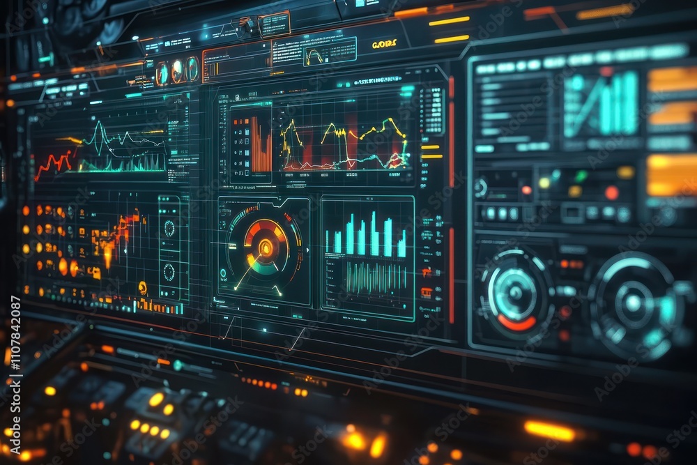 Aufkleber futuristic digital dashboard displaying graphs, charts, and data.