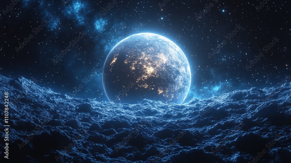 Poster cartoon style planet and artificial satellite 3d rendering