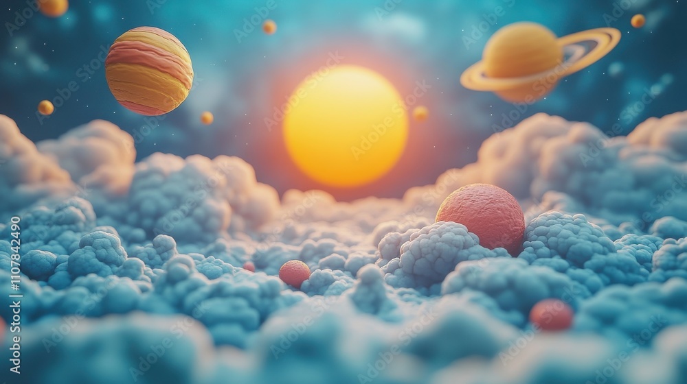 Poster cartoon style planet and cloud background 3d rendering