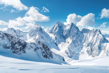 Obraz premium Majestic snow-capped mountains under a bright blue sky with fluffy clouds in a serene winter landscape