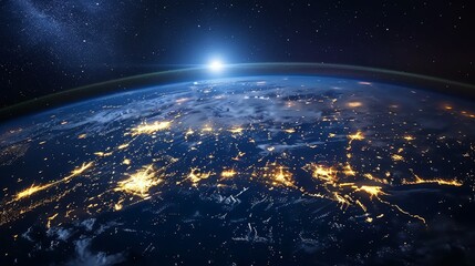 Obraz premium View of Earth from space showcasing illuminated cities and the sunrise on the horizon