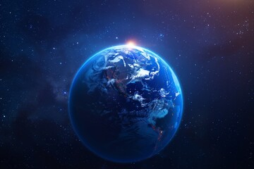 Fototapeta premium Earth rotates in space, illuminated by the sun, showcasing vibrant continents and oceans at dawn