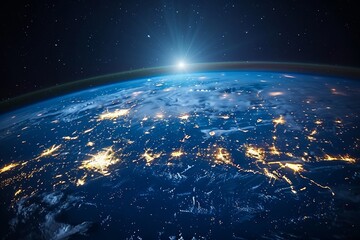 Obraz premium Stunning view of Earth from space showcasing city lights and the dawn illuminating the planet