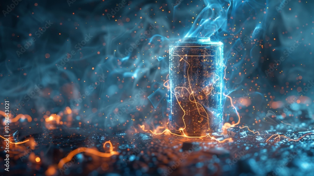 Poster battery with glowing energy and smoke in a dark environment creates a dynamic visual effect represen