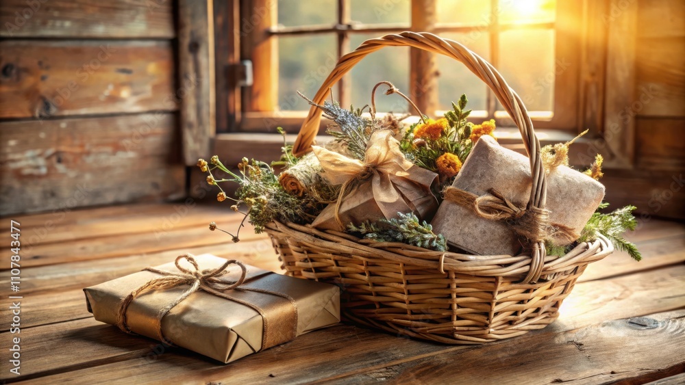 Poster a rustic basket filled with natural gifts and decorated with dried flowers and twine, on a wooden ta