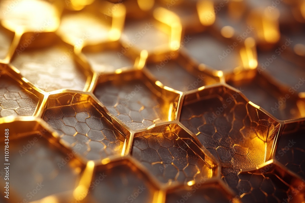 Poster close-up of a golden honeycomb pattern with a dark background, highlighting the hexagonal structure 