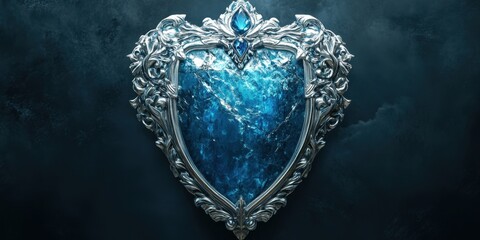 Fototapeta premium Intricate shield design featuring shimmering blue crystal against a dark, atmospheric background