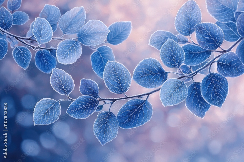 Poster frosted blue leaves on a branch in soft pastel background for nature and seasonal design use calm mo