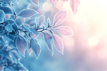Fototapeta premium Frosty Leaves in Soft Pink and Blue Winter Light Perfect for Seasonal Decor, Nature Themes, or Digital Backgrounds Showcasing Delicate Ice Patterns and Gentle Tones, space for text