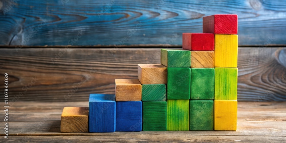 Poster colorful wooden blocks stacked in ascending order to form a staircase shape on a weathered wooden su