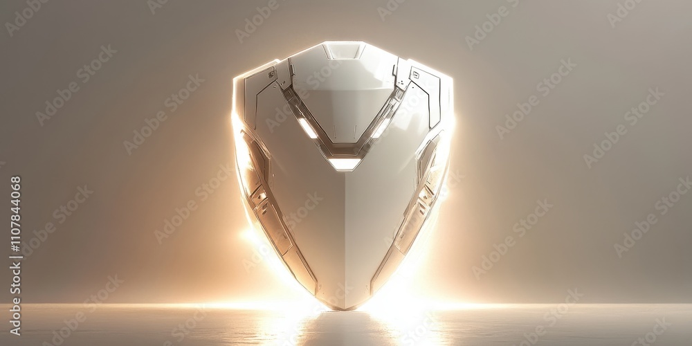 Poster futuristic shield illuminated by a radiant glow in an abstract setting of technology and design