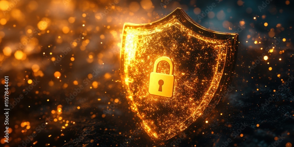 Poster golden shield symbolizing security and protection in a vibrant digital landscape adorned with sparkl