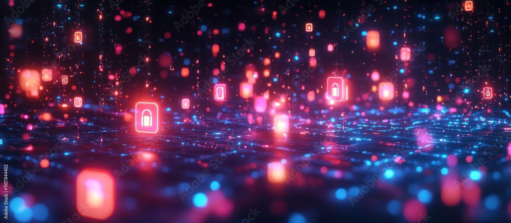 Poster abstract background with glowing lock icons falling over a digital surface.