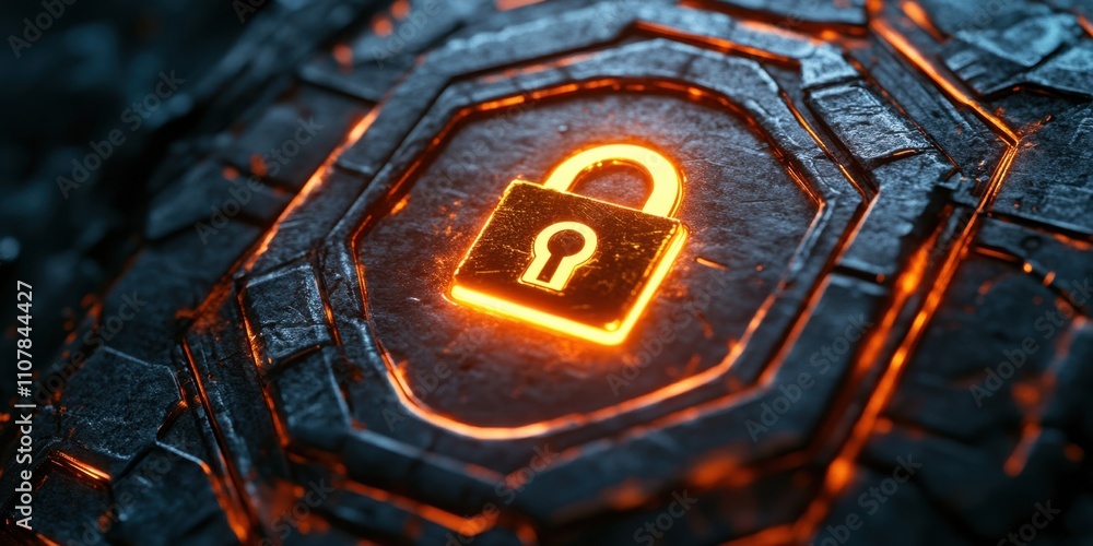 Poster symbol of security illuminated in warm orange tones on a textured metallic surface, emphasizing the 