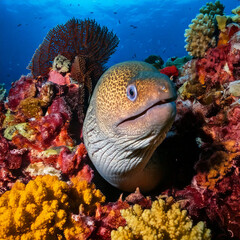 A moray eel peeking out of a coral reef, its sharp teeth and textured skin vividly detailed against the colorful coral surroundings.