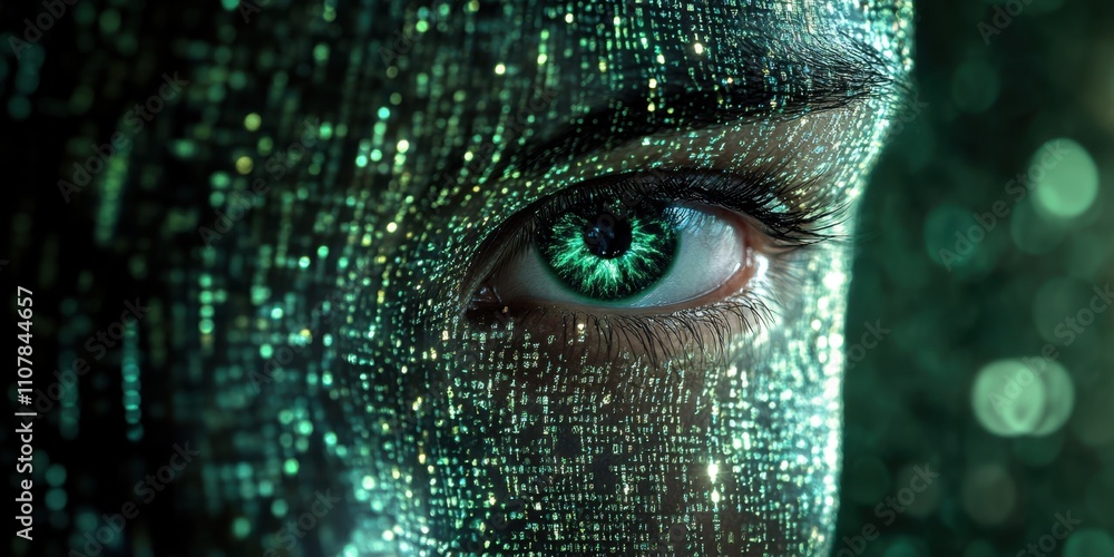 Poster a mesmerizing close-up of an eye surrounded by shimmering digital patterns under soft green light