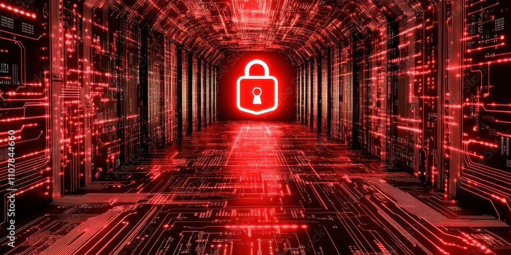 Aufkleber enigmatic digital corridor illuminated in red, symbolizing security and technology in a futuristic e