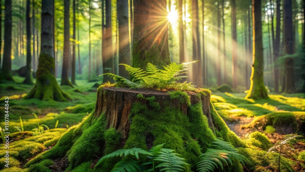 Poster a mossy tree stump in a sun-dappled forest, with ferns growing on top, bathed in warm light, creatin