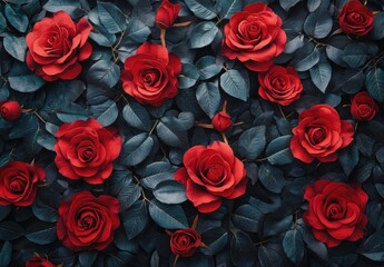 Naklejka premium Vibrant Arrangement of Red Roses Surrounded by Dark Green Leaves Creating a Lush and Romantic Floral Background for Design and Decoration Purposes
