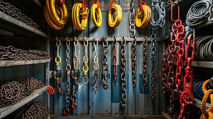 Industrial Storage Unit Filled with Chains, Hooks, and Ropes