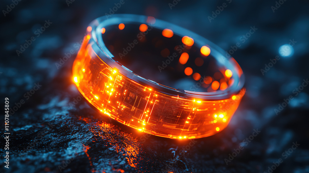 Poster futuristic glowing orange ring displayed on a textured dark surface with illuminated details for a h