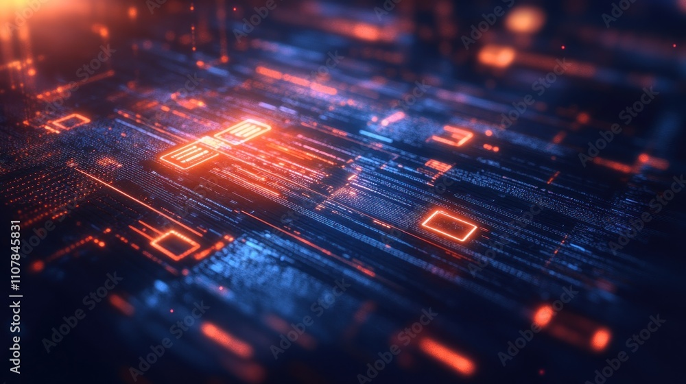 Poster abstract digital background with glowing lines and squares in blue and orange.