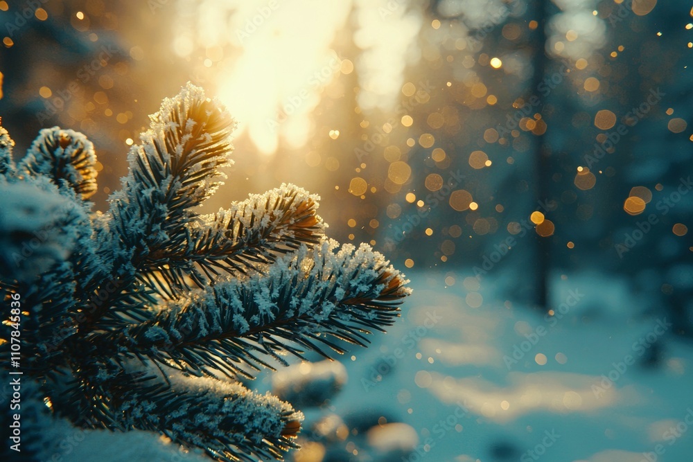 Poster winter forest scene with frosted pine branches and golden sunlight shining through trees creating a 