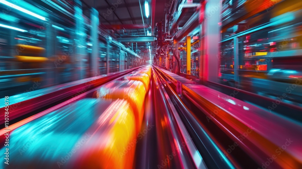Poster a fast-moving conveyor belt in a factory with colorful lights creating a sense of motion and energy.